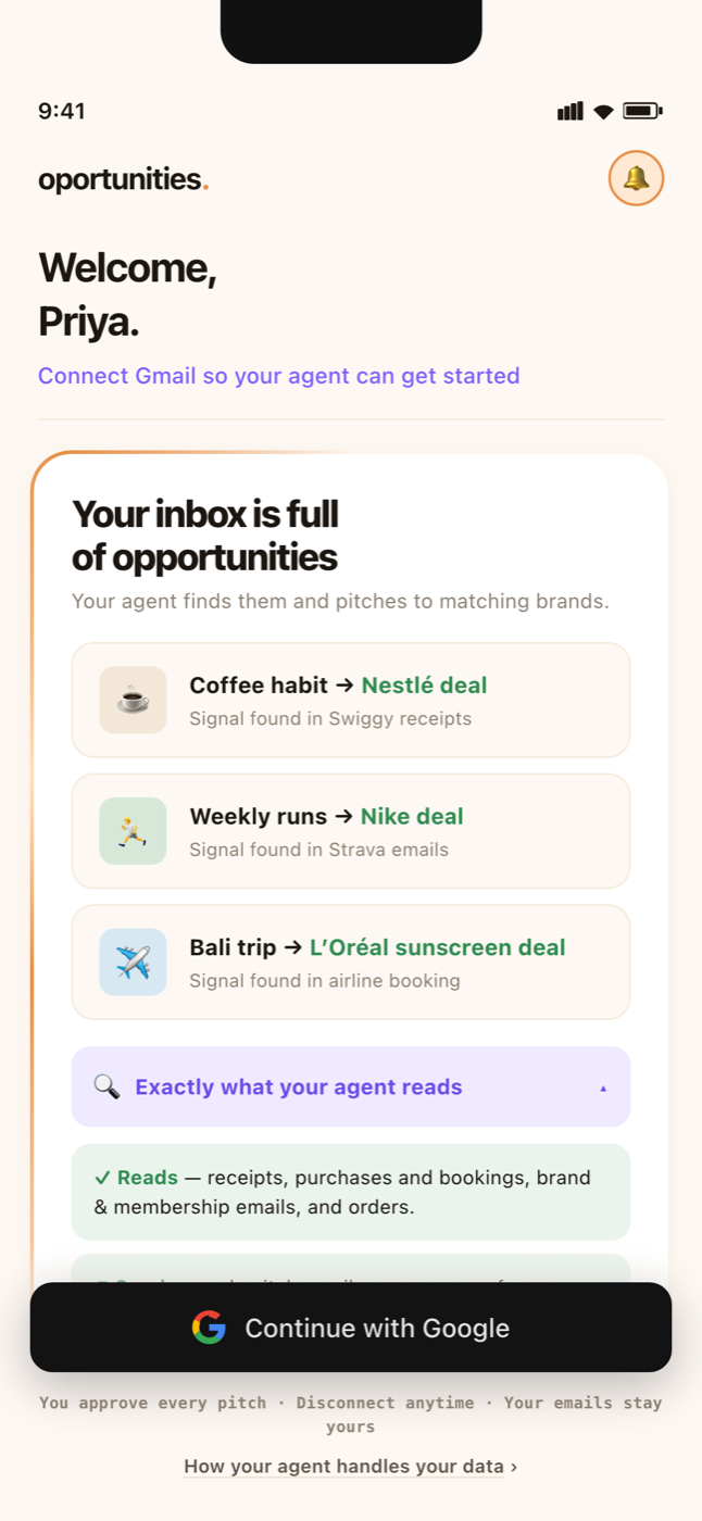 The connect screen, listing what the agent reads, sends and never touches