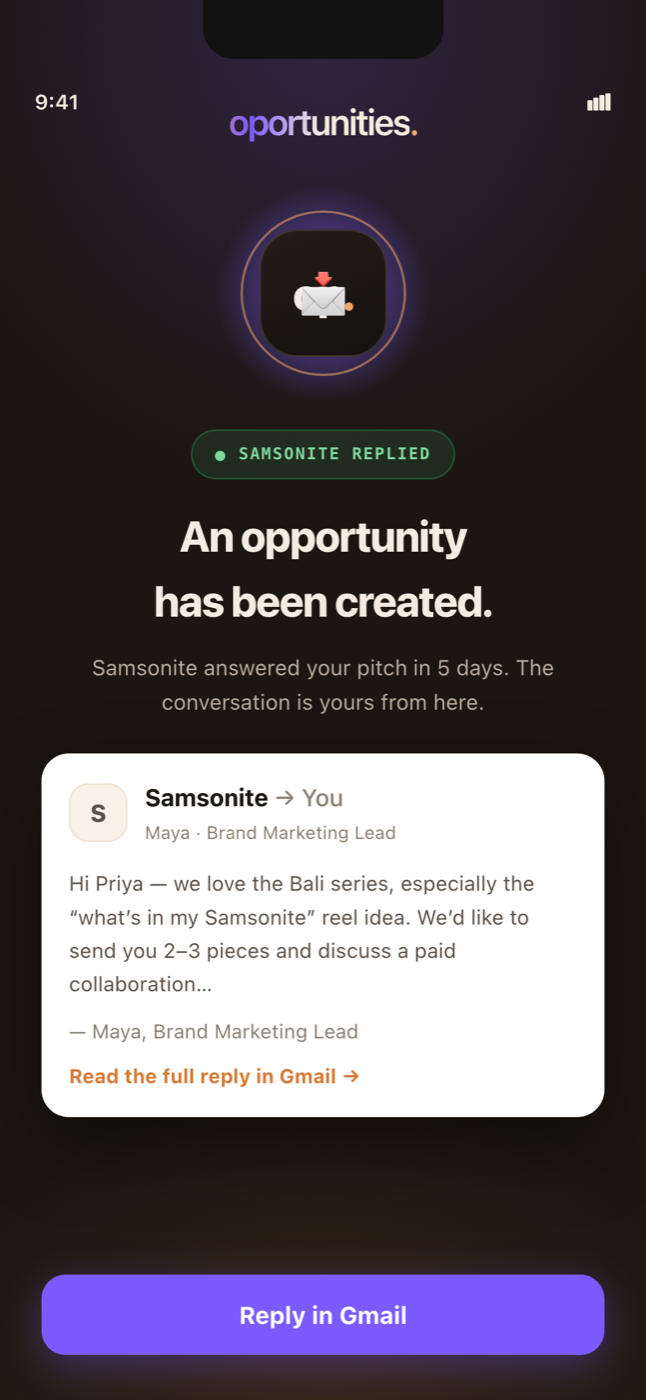 A brand has replied and an opportunity has been created